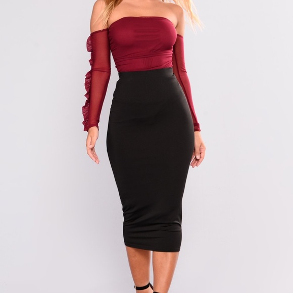 Fashion Nova Tops - Out From Under Ruffle Mesh Bodysuit - Burgundy